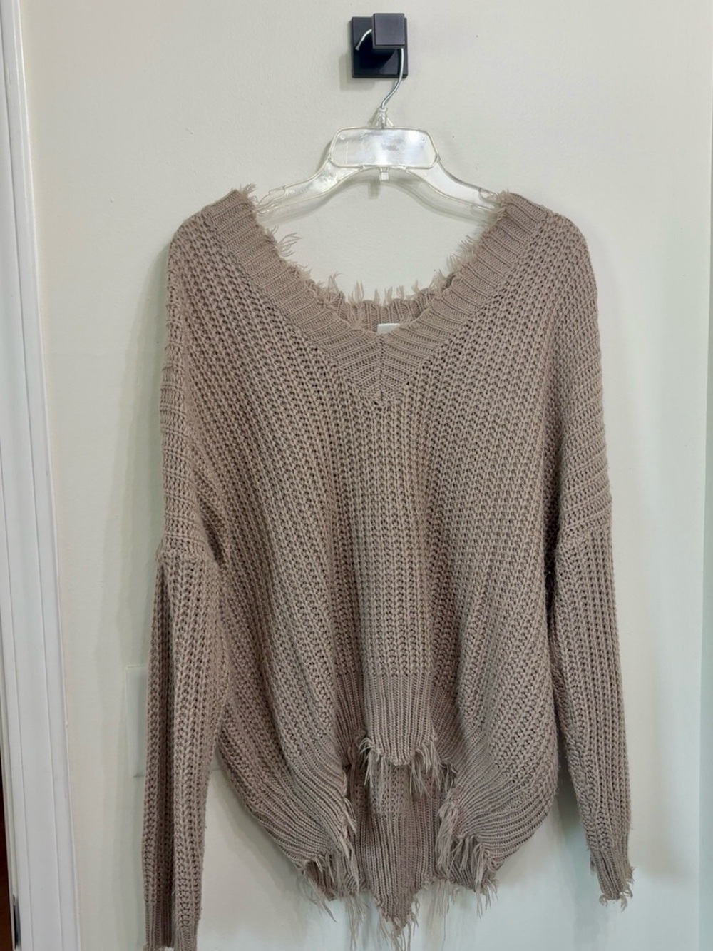 Main Strip Distressed V-Neck Sweater - Taupe